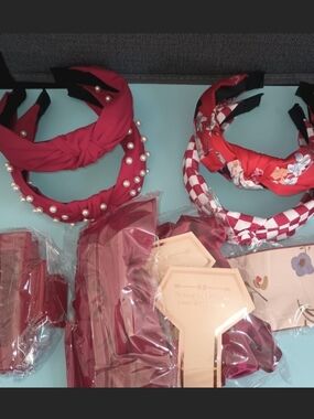 Red Pearl-Embellished and Patterned Headband Set